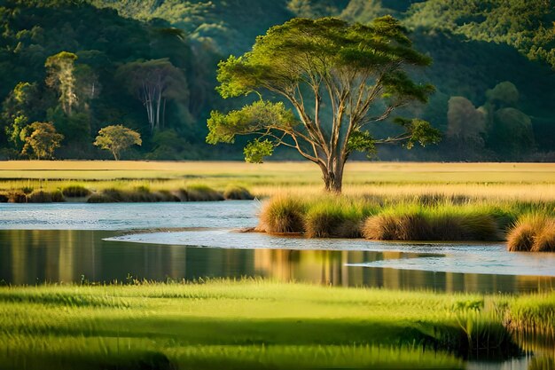 a tree stands in the water of a lake.