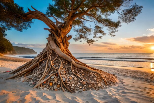 A tree stump on the beach at sunset