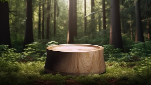 A tree stump in a forest with a candle in the middle.