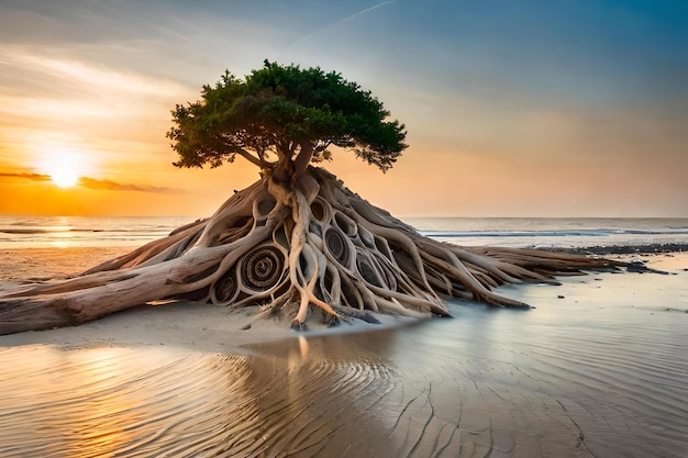 A tree stump is on the beach at sunset.