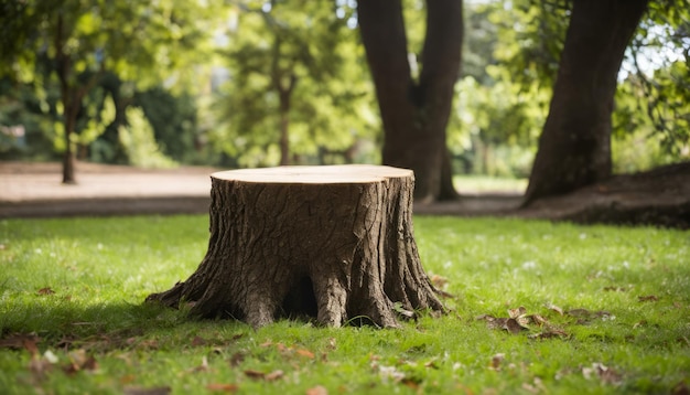 A tree stump in the middle of a grassy field