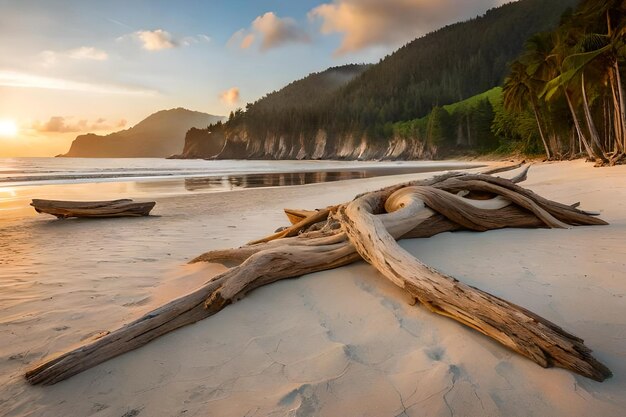 A tree stump sits on the beach in the morning light