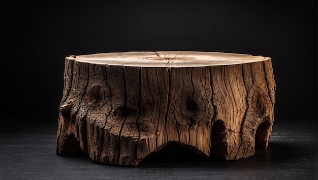 Tree stump tafel geïsoleerd op zwarte achtergrond achtergrond met kopieerruimte