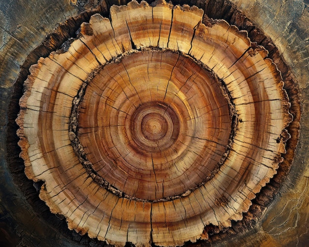 a tree stump with a circular pattern and a circle of rings around it