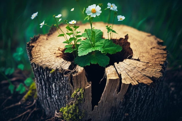 Tree stump with flowers growing out of it Generative AI