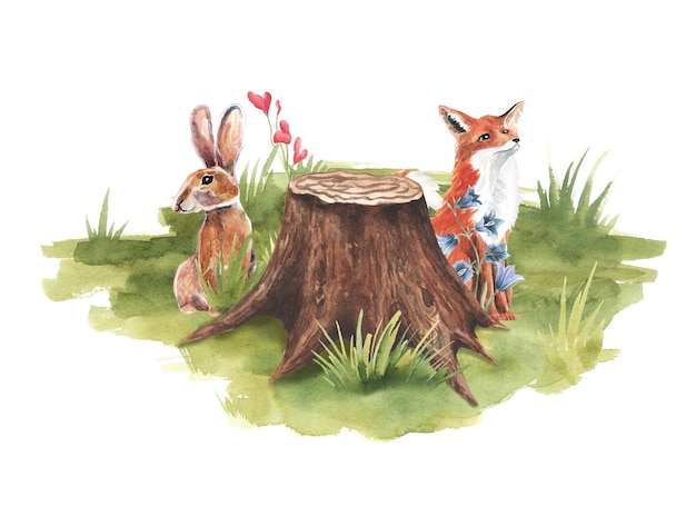 여우 토끼 배경으로 나무  ⁇ 어리 수채화  ⁇ 화 숲 야생동물 자연  ⁇ 어리 블루벨