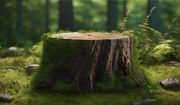 A tree stump with a mossy stump in the middle