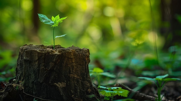 Tree Stump With Small Green Plant Growing