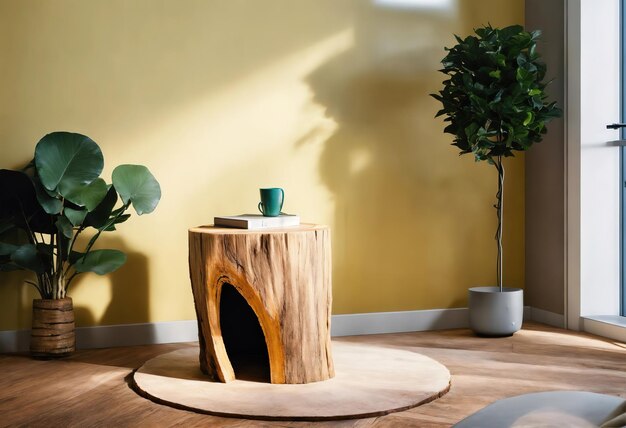 Tree stump zijtafel met haarpinnenbeenontwerp in een moderne kamer