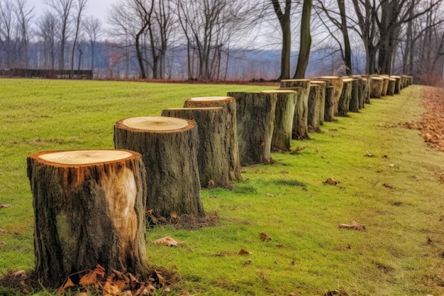 Foto ceppi di alberi in fila in una fattoria di alberi di natale creata con l'ia generativa