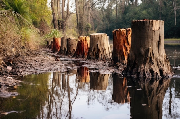 Tree stumps in a row symbolizing loss of biodiversity