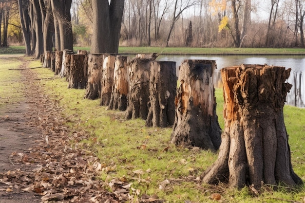 Foto i tronchi di alberi in fila simboleggiano la perdita della biodiversità