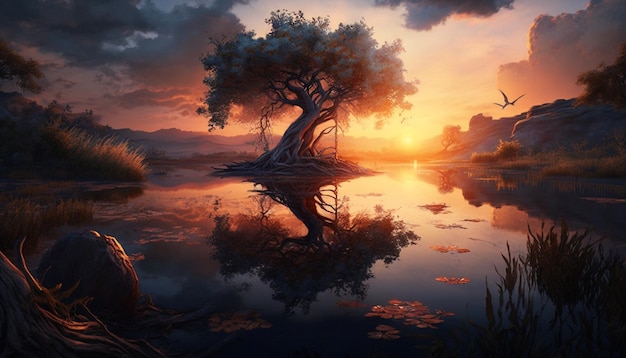 tree at sunset, meditation wallpaper