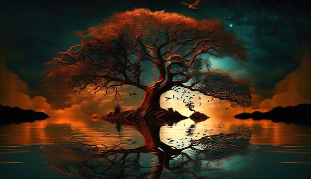 Tree at sunset in the water beautiful landscape