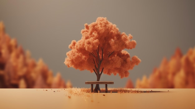A tree on a table with a bench in the middle of the image