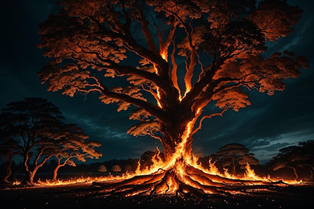 A tree that has flames on it