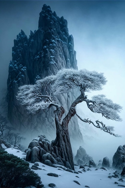 Tree that is standing in the snow generative ai