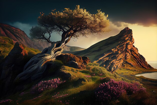 tree on top of a hill fantasy background