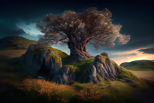 tree on top of a hill fantasy background