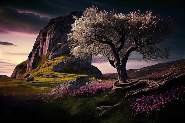 tree on top of a hill fantasy background