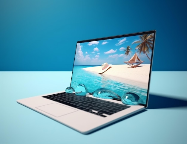 Дерево путешествие ноутбук пляж концепция тропический отдых пальмовое лето компьютер Генеративный ИИ