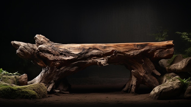 A tree trunk with a black background