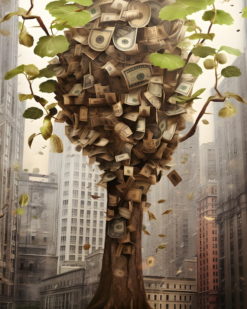 A tree trunk with money themed leaves that stands out in the middle of a crowded city