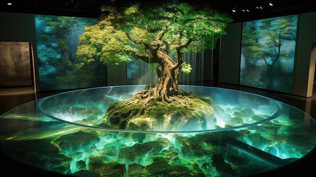 A tree in a water sculpture