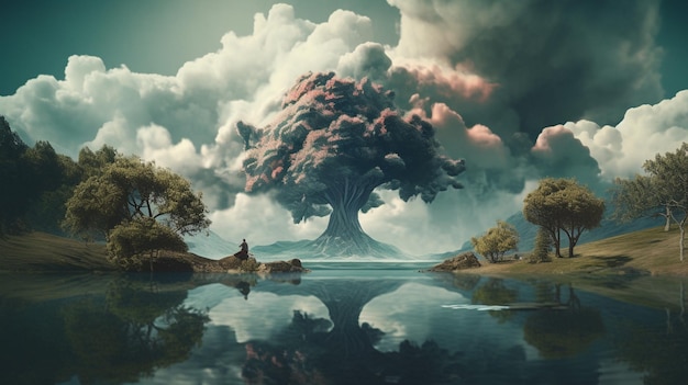 A tree in the water with clouds in the background