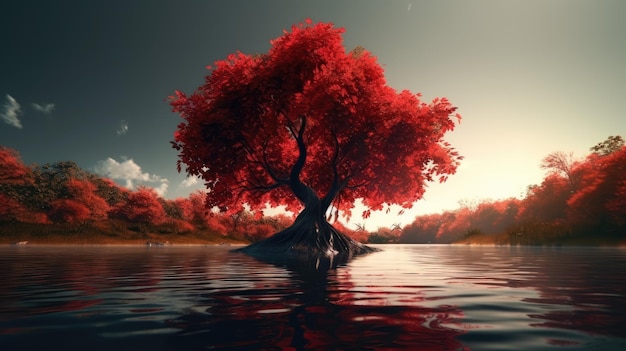 A tree in the water with the moon in the background