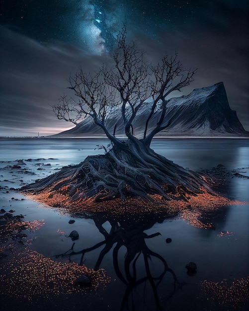 A tree in the water with the moon behind it