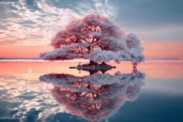 A tree on the water with a pink sky and clouds