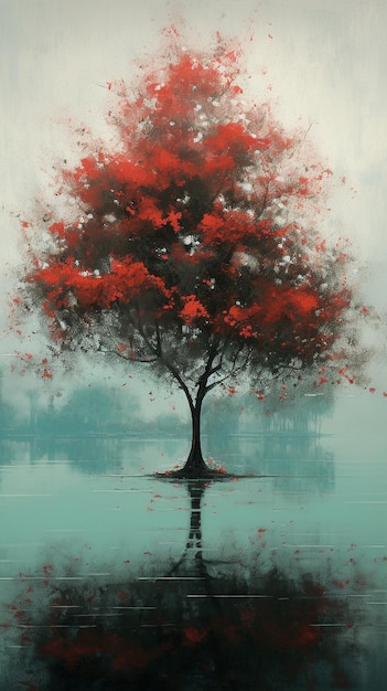 A tree in the water with red leaves on it