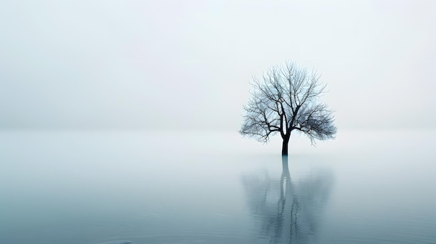 a tree in the water with the reflection of a tree in the water