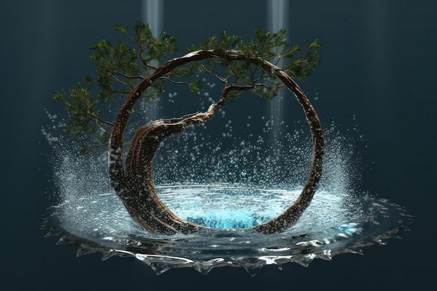 A tree in water with water drops