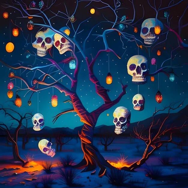 A tree on which hang human skulls and lanterns in the wilderness night For the day of the dead and Halloween