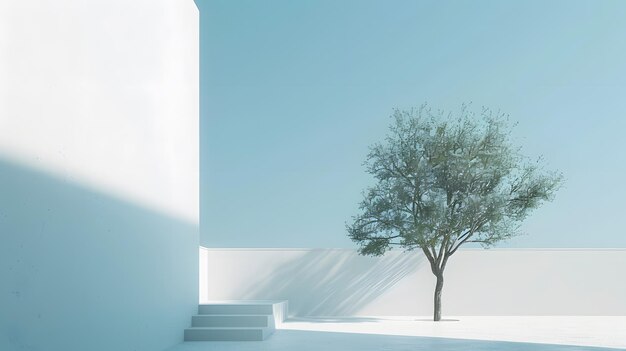 a tree in a white room with a blue sky and a white wall