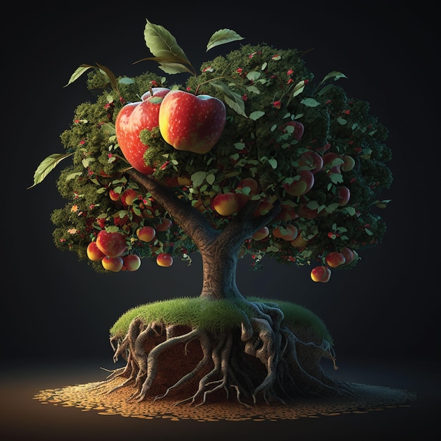 A tree with apples on it and a black background