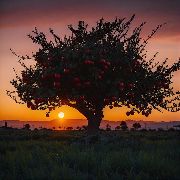 A tree with apples on it in a field at sunset