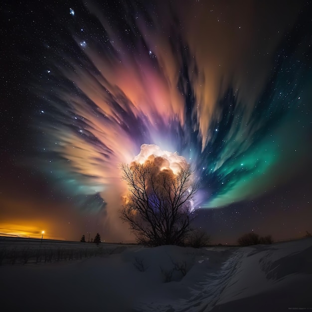 A tree with the aurora borealis on it