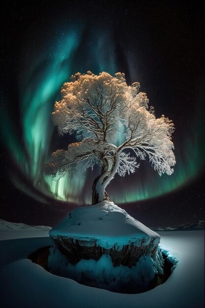 Photo a tree with the aurora borealis on the top of it