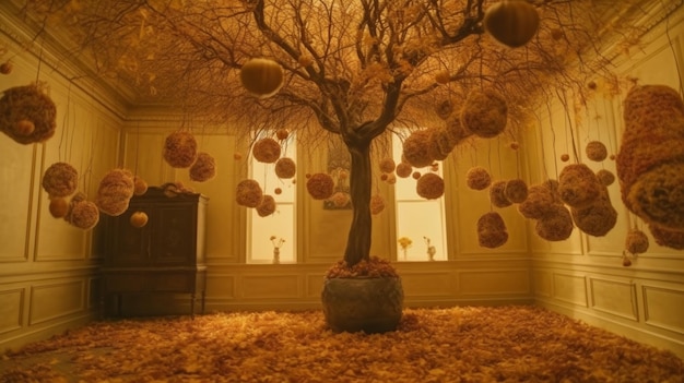 A tree with balls on it is surrounded by orange balls.