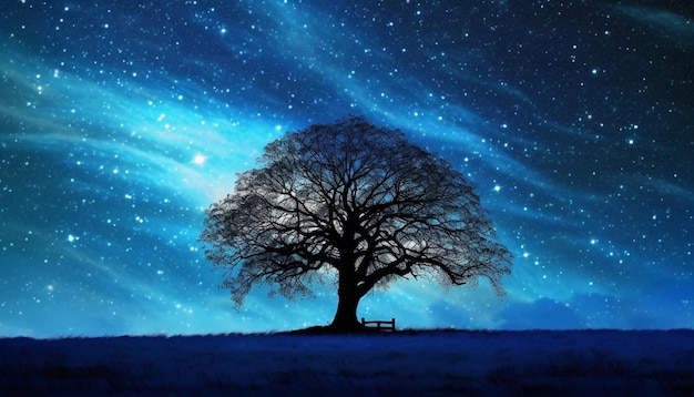 Premium AI Image | A tree with a bench in front of a starry sky