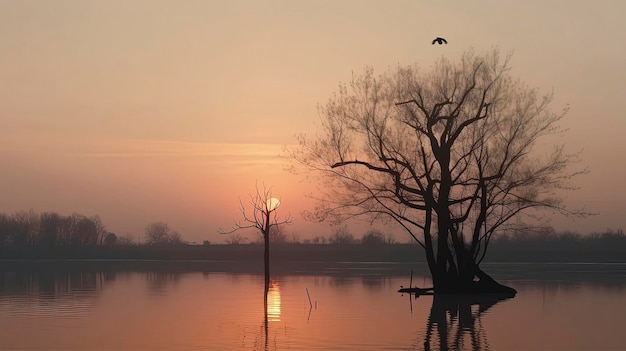 A tree with a bird flying over it