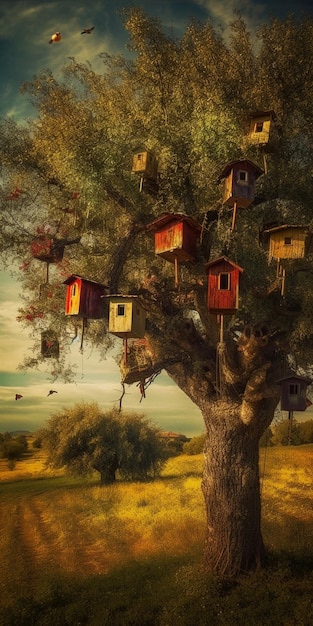 A tree with a bird house on it