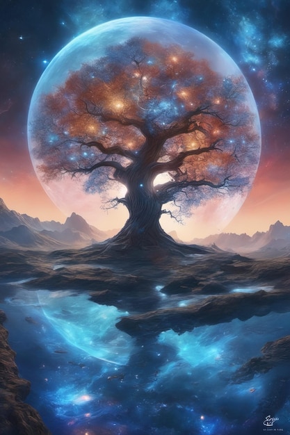 a tree with a blue moon in the sky