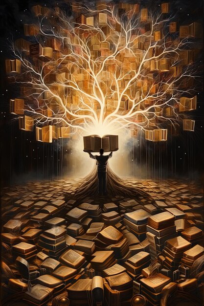 Foto un albero con un libro in cima