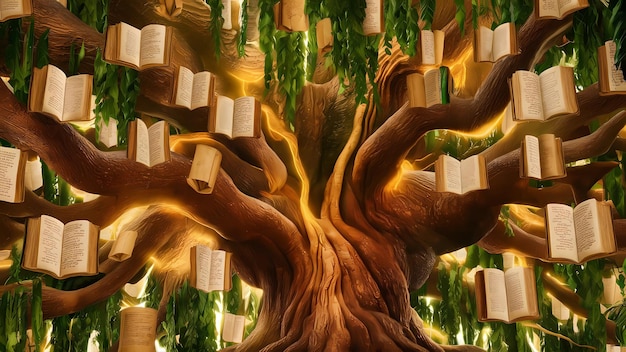 a tree with books in the middle of it