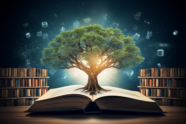 a tree with books and a tree on the top of it