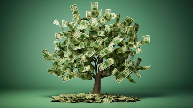 Tree with branches and leaves made out of American dollar bills against a green background